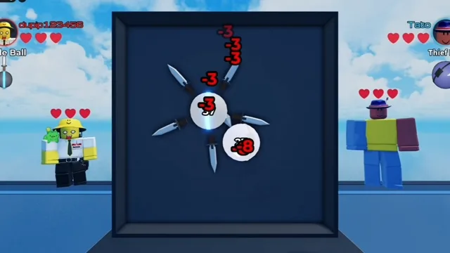 In-game duel between Blade Ball with five spinning blades and Thief Ball taking -3 and -8 contact damage