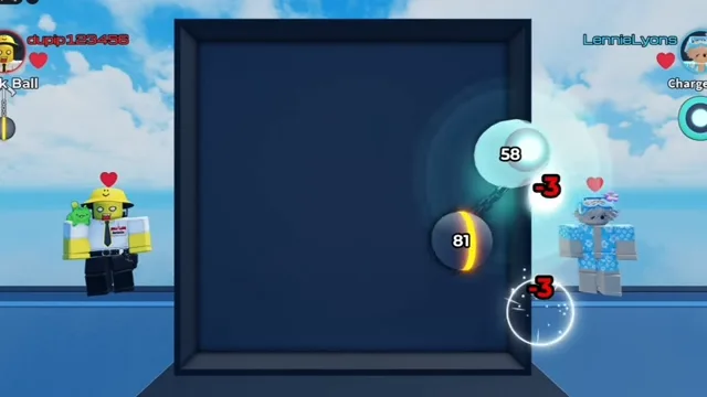 In-game duel showing Hook Ball grappling Charge Ball with a metal chain against the right arena wall