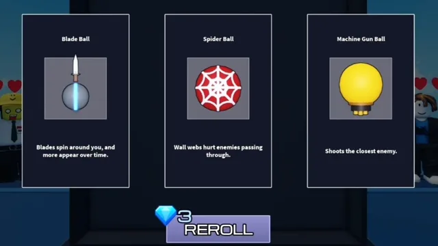 In-game 3-ball round draft screen showing Blade Ball, Spider Ball, and Machine Gun Ball cards with skill descriptions and a 3-Diamond Reroll button