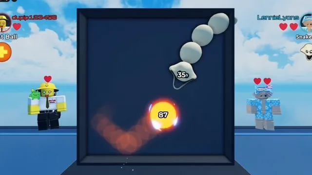 In-game duel showing segmented white Snake Ball curving down toward glowing orange Burst Ball