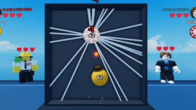 In-game 1v1 arena duel showing S-Tier Spider Ball anchoring dense white wall web tripwires across the arena against Machine Gun Ball