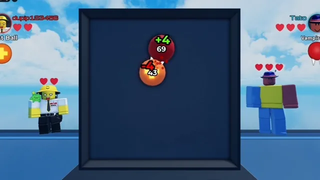 In-game duel showing red fanged Vampire Ball healing +4 HP while dealing -4 contact damage to orange Burst Ball