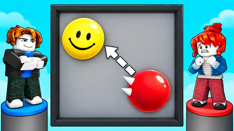 Official Ball VS Ball arena preview showing two players on blue and red pedestals beside a square walled arena with a trajectory arrow